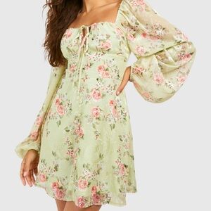 Boohoo Floral Green and Pink Summer Dress skater dress